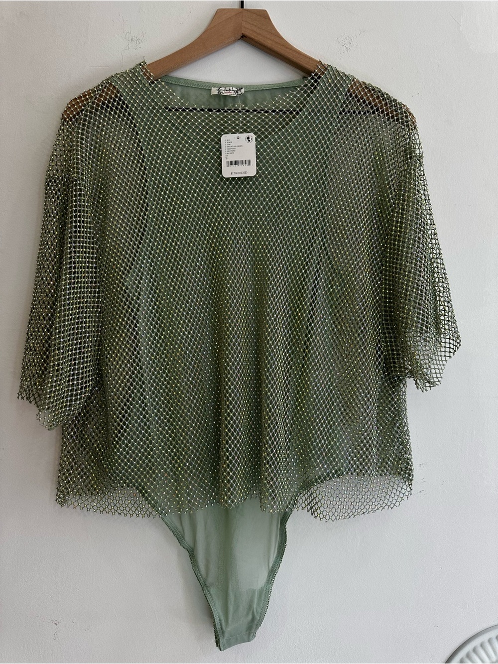 Free People Olive Metallic Mesh Bodysuit Top